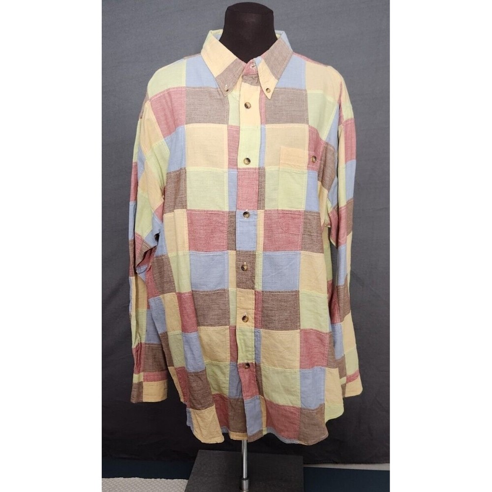 Vintage Orvis Indian Madras Button Down Shirt Color Block Colorful Patchwork L